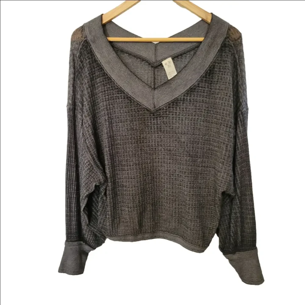 Free People Gray Charcoal Waffle Knit Long Balloon Sleeve Off Shoulder Vneck Top